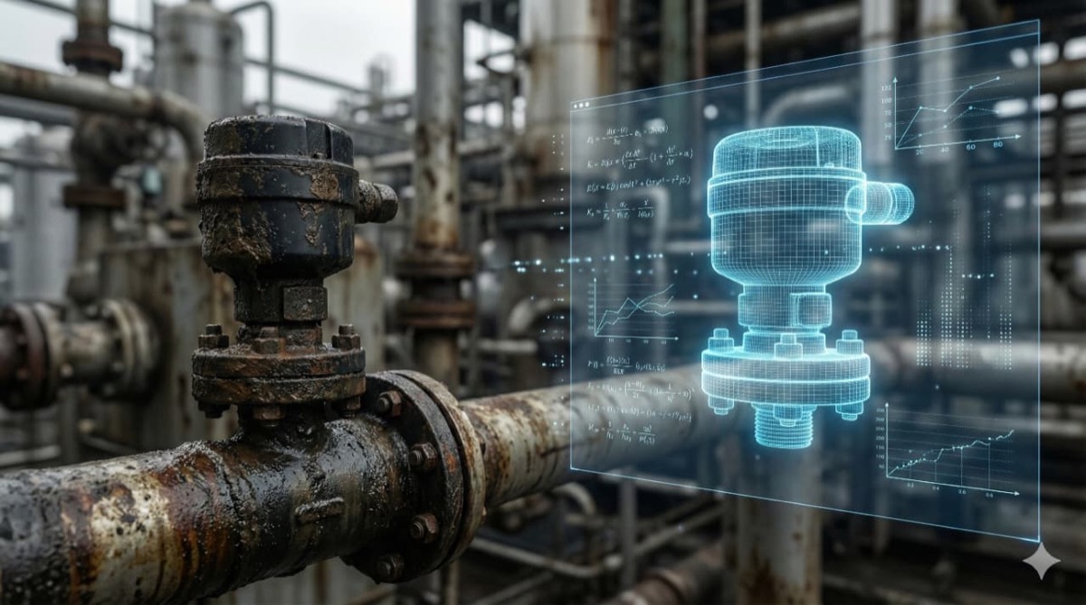 Digital Twin Visualization Interface showing industrial pipes and augmented reality data overlay